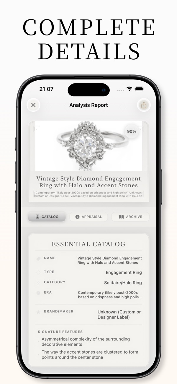 Necklace appraisal report showing market value, authenticity verification, and jewelry identification details